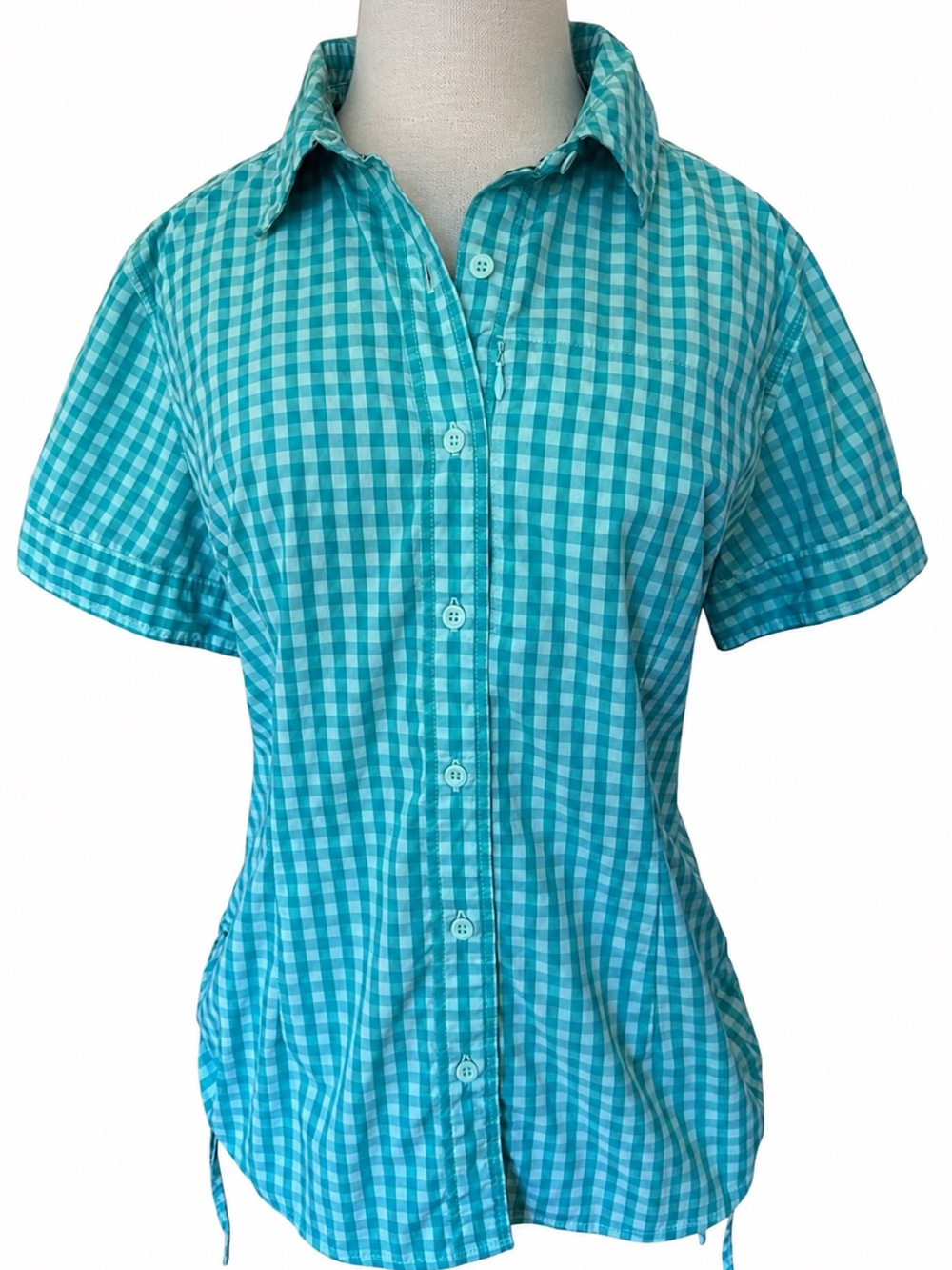 The North Face Boulder Molly Shirt Large Teal Gingham VaporWick Short Sleeve